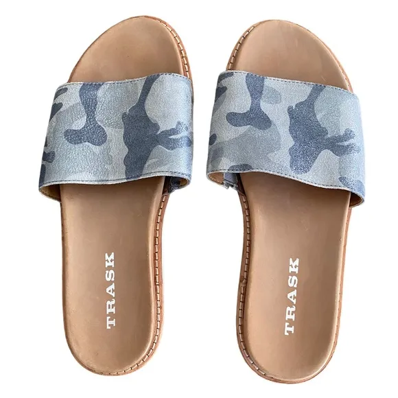 Trask Sherry Pewter Camo Metallic Italian Suede Slip On Slides Sandals Womens 7