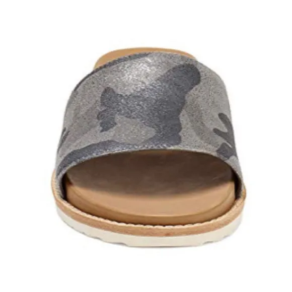 Trask Sherry Pewter Camo Metallic Italian Suede Slip On Slides Sandals Womens 7