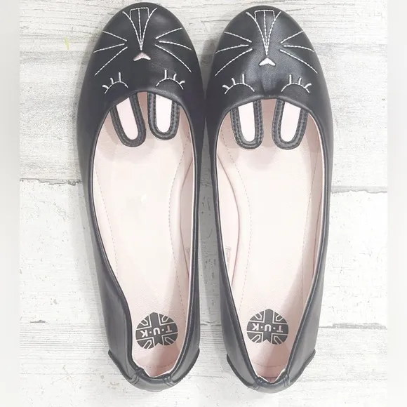 TUK Women's Vegan Black Faux Leather Bunny Face Ballet Flats 13149 Size 9