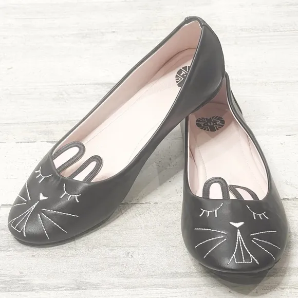 TUK Women's Vegan Black Faux Leather Bunny Face Ballet Flats 13149 Size 9