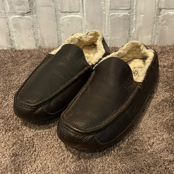 UGG Ascot Leather Men's Casual Comfort Slipper Loafers dark brown