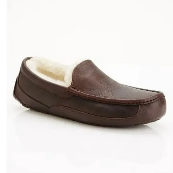 UGG Ascot Leather Men's Casual Comfort Slipper Loafers dark brown