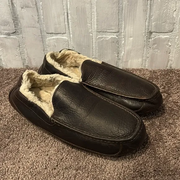 UGG Ascot Leather Men's Casual Comfort Slipper Loafers dark brown