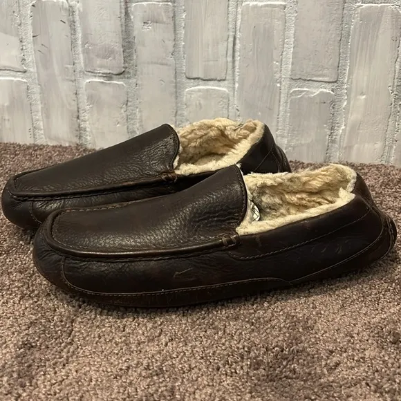 UGG Ascot Leather Men's Casual Comfort Slipper Loafers dark brown