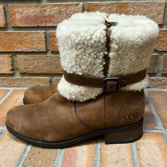 UGG Blayre Shearling Sherpa Cuff Buckle Chestnut Leather Zip Booties size 8