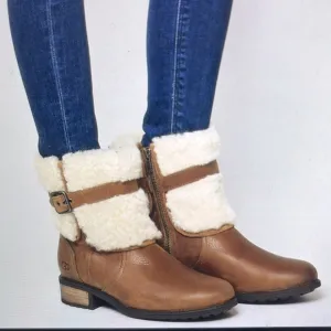 UGG Blayre Shearling Sherpa Cuff Buckle Chestnut Leather Zip Booties size 8