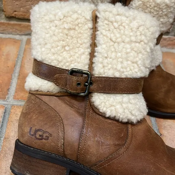 UGG Blayre Shearling Sherpa Cuff Buckle Chestnut Leather Zip Booties size 8