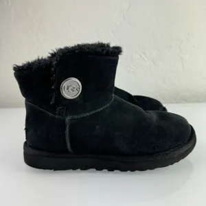 Ugg Boots Mini Bailey Snaps Solid Black Pull On Ankle Sheepskin Leather‎ Suede