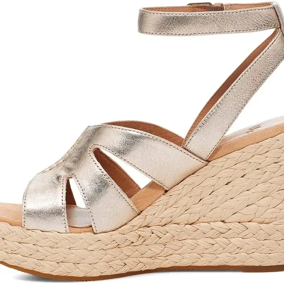 UGG Careena Heeled Sandals-Pale Gold Metallic Leather Size 10