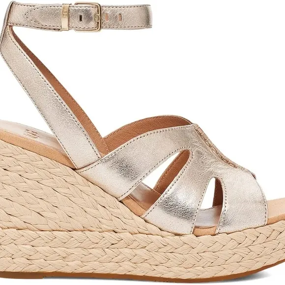 UGG Careena Heeled Sandals-Pale Gold Metallic Leather Size 10