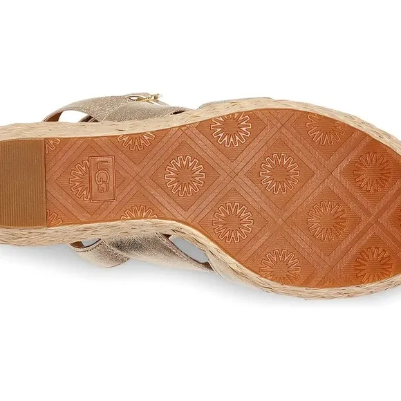 UGG Careena Heeled Sandals-Pale Gold Metallic Leather Size 10