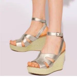 UGG Careena Heeled Sandals-Pale Gold Metallic Leather Size 10