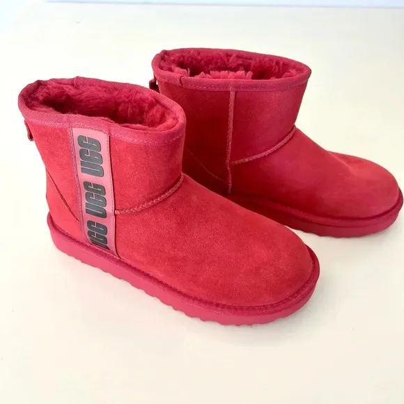 UGG Classic Mini Red Side Logo Suede Shearling Boots Size 6