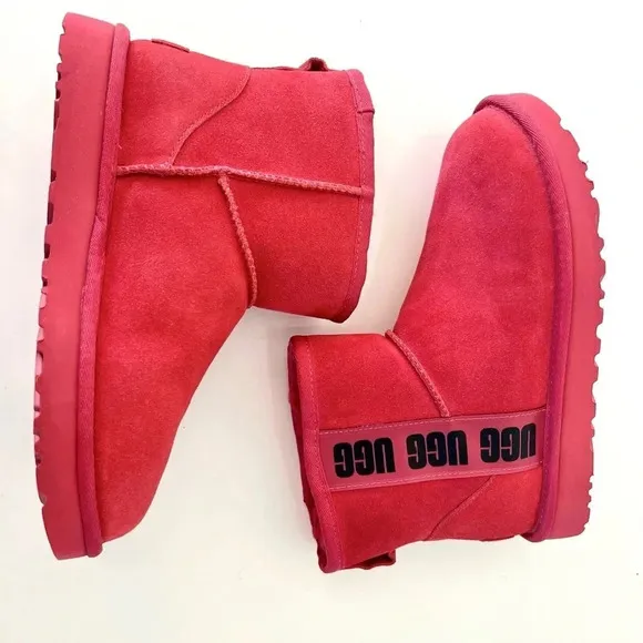 UGG Classic Mini Red Side Logo Suede Shearling Boots Size 6