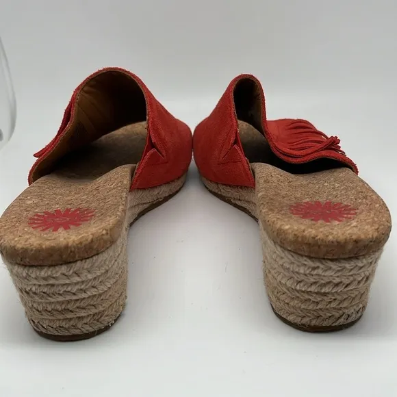 Ugg Danes Leather Espadrille Wedge Slip-on Suede Fringe Tango Red Sandals Sz 8.5
