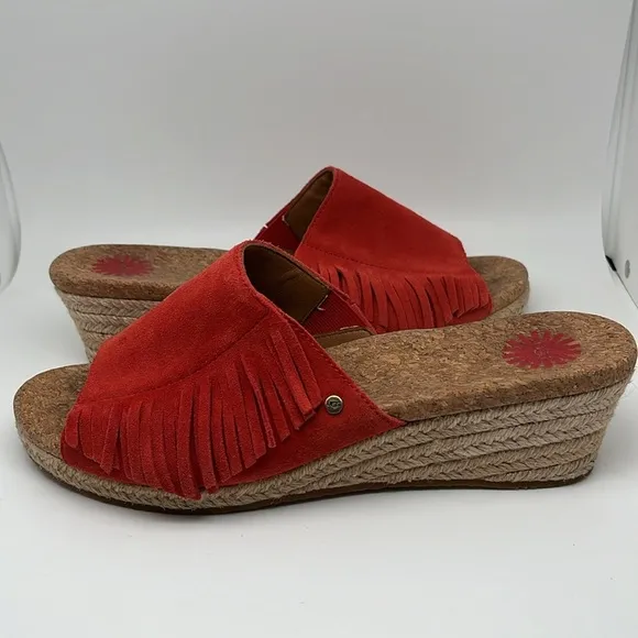 Ugg Danes Leather Espadrille Wedge Slip-on Suede Fringe Tango Red Sandals Sz 8.5