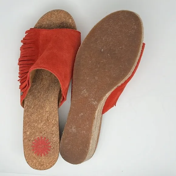 Ugg Danes Leather Espadrille Wedge Slip-on Suede Fringe Tango Red Sandals Sz 8.5
