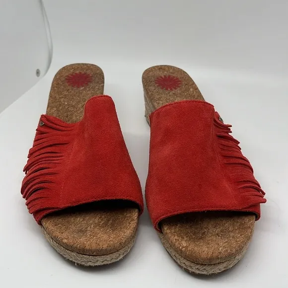 Ugg Danes Leather Espadrille Wedge Slip-on Suede Fringe Tango Red Sandals Sz 8.5