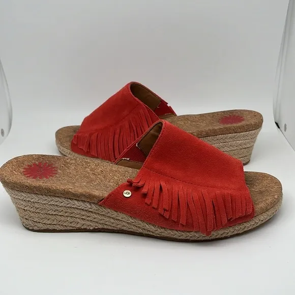 Ugg Danes Leather Espadrille Wedge Slip-on Suede Fringe Tango Red Sandals Sz 8.5