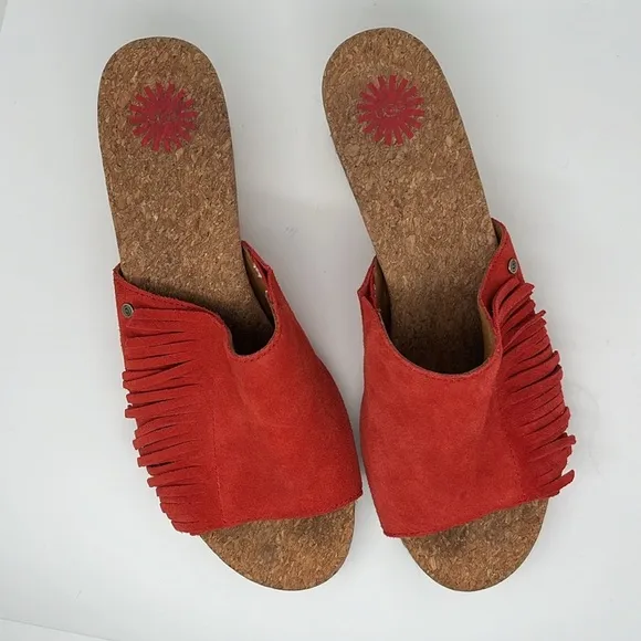Ugg Danes Leather Espadrille Wedge Slip-on Suede Fringe Tango Red Sandals Sz 8.5