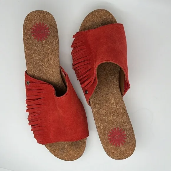 Ugg Danes Leather Espadrille Wedge Slip-on Suede Fringe Tango Red Sandals Sz 8.5