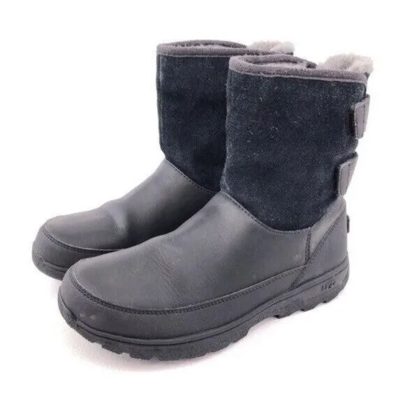 UGG Tamarind Waterproof Black Leather Winter Boots Kids 4