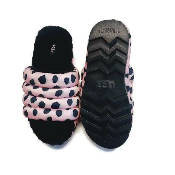 UGG Womens 8 Maxi Slide Cheetah Print Sheepskin Platform Slippers Pink Scallop