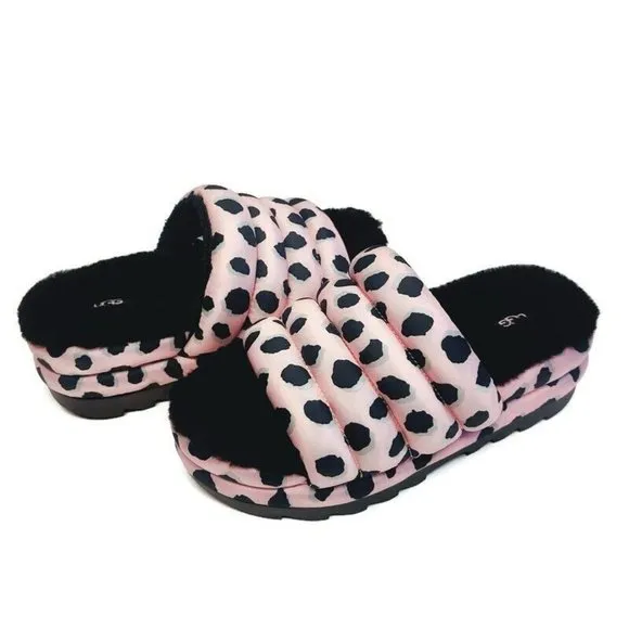UGG Womens 8 Maxi Slide Cheetah Print Sheepskin Platform Slippers Pink Scallop