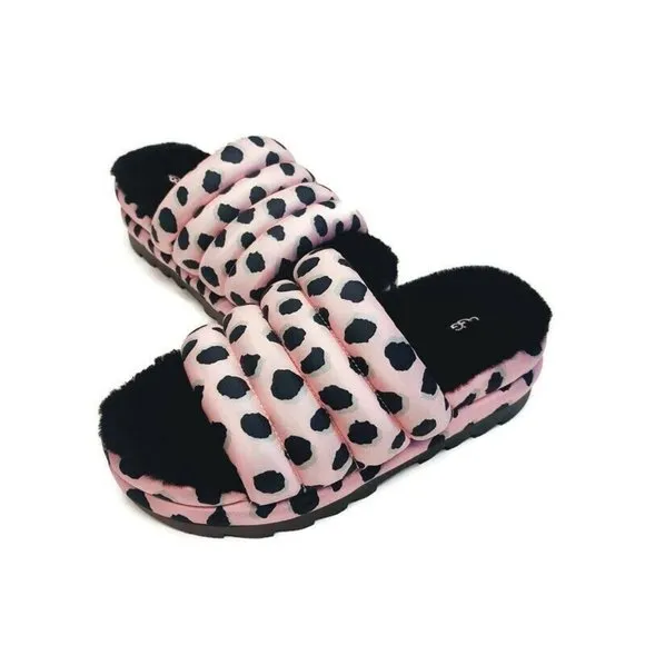 UGG Womens 8 Maxi Slide Cheetah Print Sheepskin Platform Slippers Pink Scallop