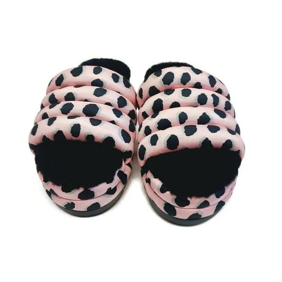 UGG Womens 8 Maxi Slide Cheetah Print Sheepskin Platform Slippers Pink Scallop