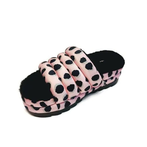 UGG Womens 8 Maxi Slide Cheetah Print Sheepskin Platform Slippers Pink Scallop