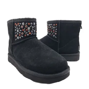 UGG Womens Boots black Suede Fur Classic Mini Stud II Medallion Size 6 37 new