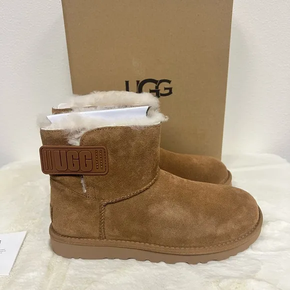 UGG Women's Mini Bailey Logo Strap Suede Boots - Chestnut Size 7 or 8