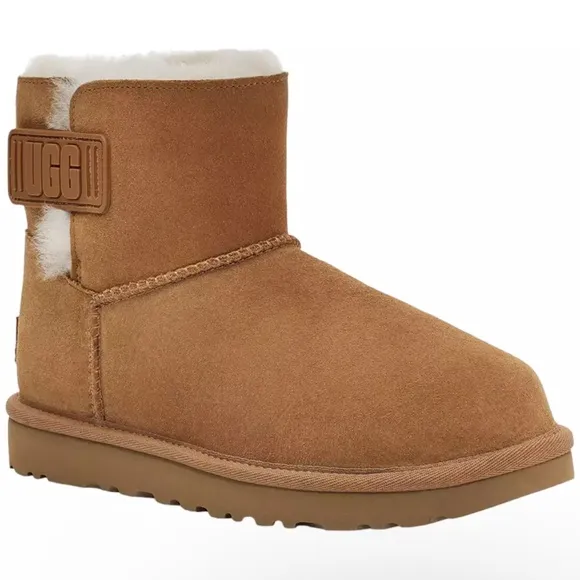 UGG Women's Mini Bailey Logo Strap Suede Boots - Chestnut Size 7 or 8