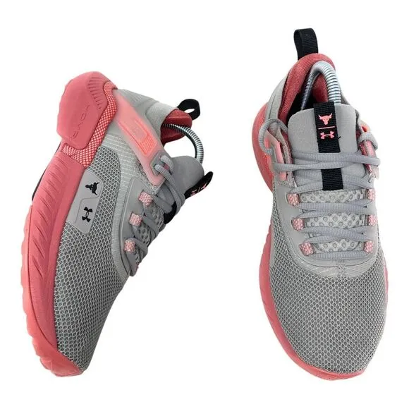 Under Armour Womens Size 7.5 Project Rock 5 Athletic  Gray Pink Gym Sneakers Jog