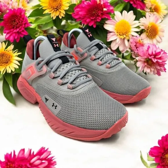 Under Armour Womens Size 7.5 Project Rock 5 Athletic  Gray Pink Gym Sneakers Jog