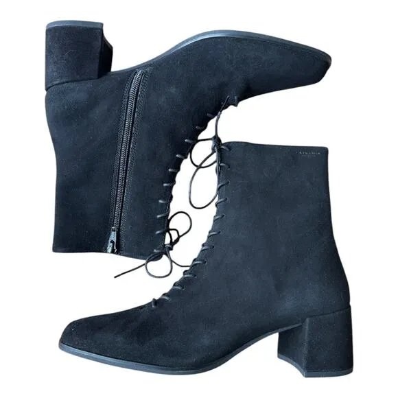 Vagabond Suede Black victorian lace upfront boots block heel size 10 (40)