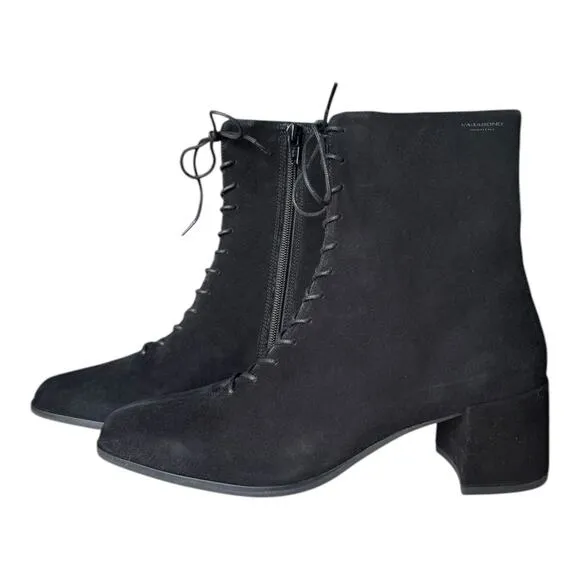 Vagabond Suede Black victorian lace upfront boots block heel size 10 (40)