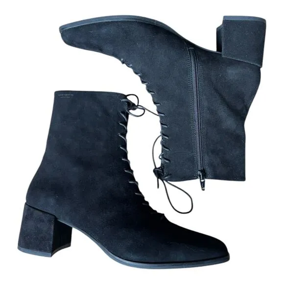 Vagabond Suede Black victorian lace upfront boots block heel size 10 (40)