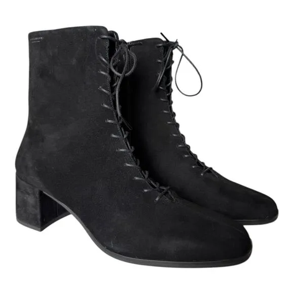 Vagabond Suede Black victorian lace upfront boots block heel size 10 (40)