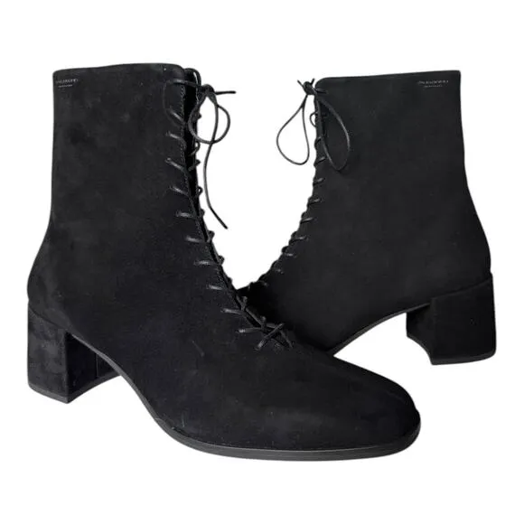 Vagabond Suede Black victorian lace upfront boots block heel size 10 (40)