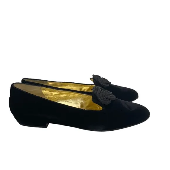 Valentina Rangoni Black Velvet   Leather Loafer Braided Knot Detail Italian Made