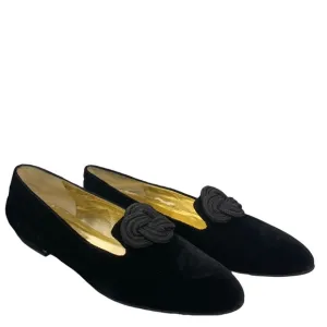 Valentina Rangoni Black Velvet   Leather Loafer Braided Knot Detail Italian Made