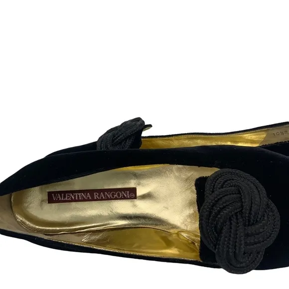 Valentina Rangoni Black Velvet   Leather Loafer Braided Knot Detail Italian Made