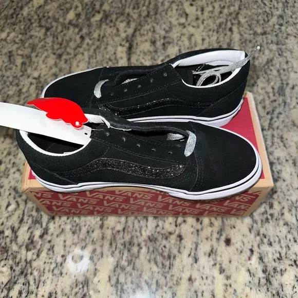 VANS Old Skool Youth Girls Black Glitter Lace-Up Sneakers
