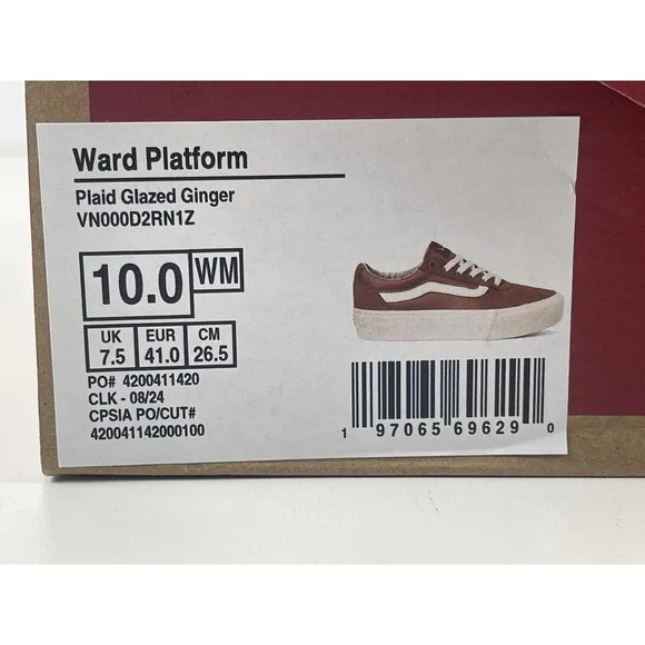 Vans Ward Platform Plaid Glazed Ginger New Women's Size 10 VN000D2RN1Z