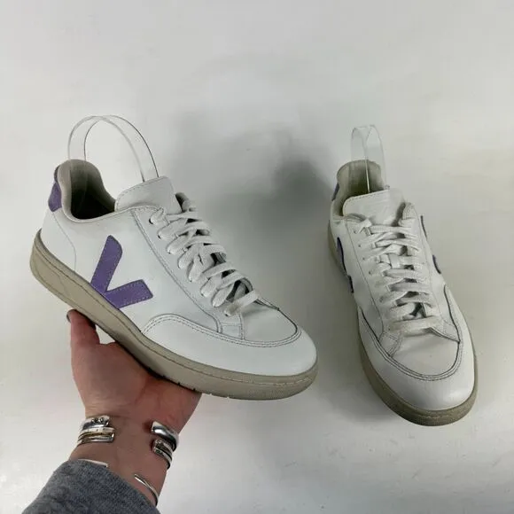 Veja V12 Sneakers Women's 8 White Purple Leather Lace-Up Low Top Running Shoes