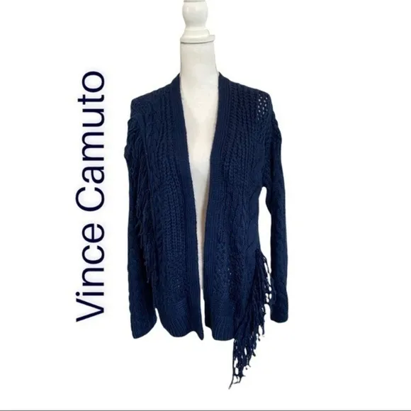VINCE CAMUTO Navy open cardigan with fringe NWT Size Small