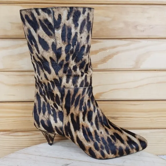 Vince Camuto Rastel 3 Leopard Print Calf Hair Kitten Heel Pull On Mid Calf Boots