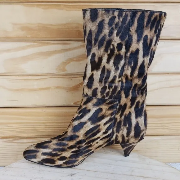 Vince Camuto Rastel 3 Leopard Print Calf Hair Kitten Heel Pull On Mid Calf Boots